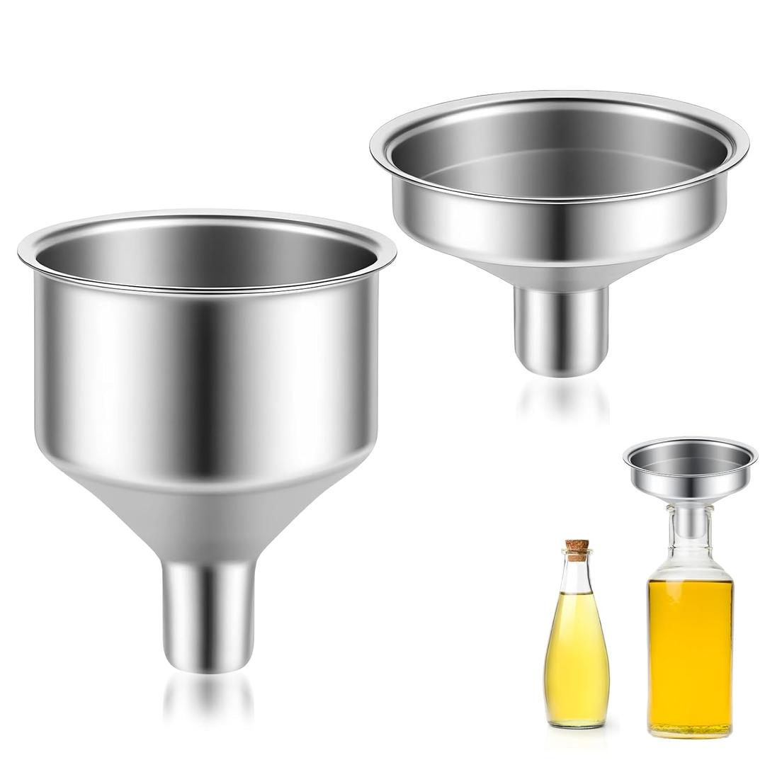 2pcs Stainless Steel Mini Funnels Set, Small Filling Funnels Multi-Flask Funnel for Essential Oils, Liquor Flasks, Spice Powders, Kitchen Use Silver