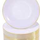 Nervure 100Pieces White with Gold Rim Plastic Plates - 7.5inch Disposable Gold Salad/Dessert Plate - White and Gold Plastic Plates Ideal for Wedding & Party
