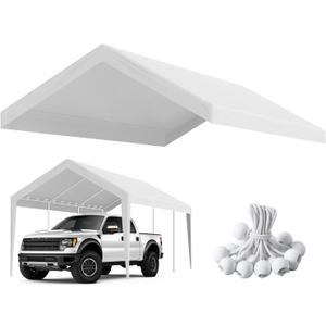 10'x20' Canopy Replacement Cover, Beefull Carport Replacement Canopy for Car Garage, Waterproof & UV Protected Tarp with Ball Bungees, White (Frame is not Included)