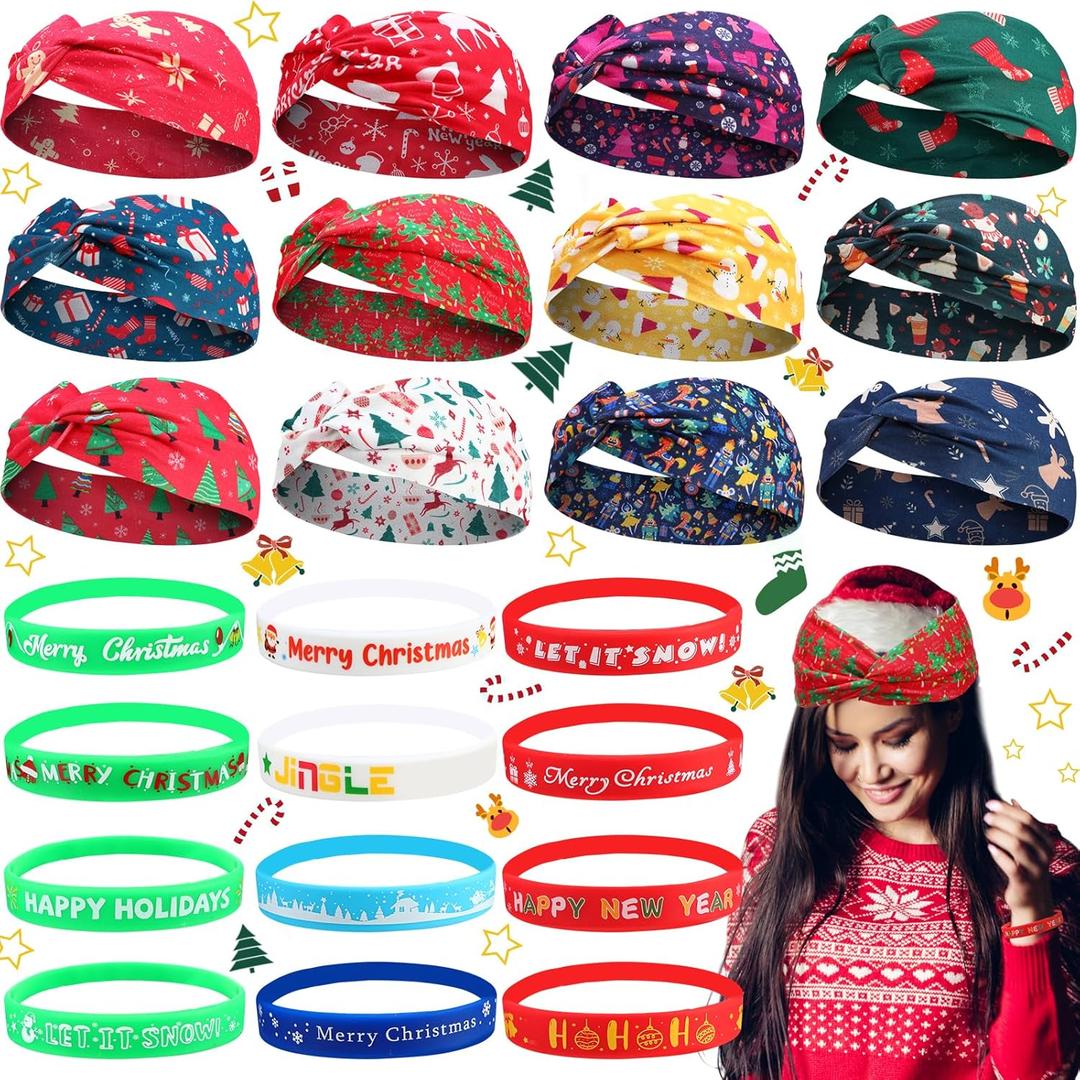 24 Pcs Christmas Party Favors Christmas Headbands Silicone Bracelets Set Xmas Headbands Rubber Bracelets for Xmas Gifts Accessories Holiday Party Supplies(Stylish Style)