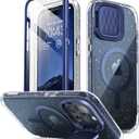 i-Blason Cosmo Magnetic for iPhone 15 Pro Max Case MagSafe with Camera Cover Stand, Slim Style Full-Body Phone Case for iPhone 15 Pro Max with Built-in Screen Protector & Kickstand (Blue Glitter)