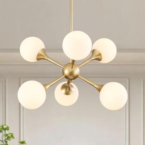 26" Glass Globe Chandelier, 6-Light Gold Sputnik Chandelier, Modern Ceiling Light Fixture for Dining Room, Kitchen Island, Foyer, Living Room