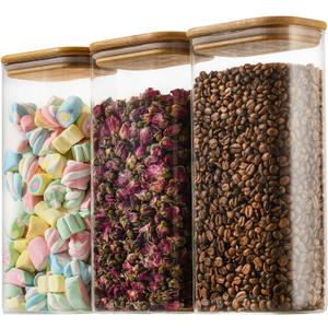 D2scrma 64oz Rectangle Airtight Glass Storage Containers with Bamboo Lids (Set of 3), Square Food Storage Jar, Pantry Organizers for Cereal, Flour, Pasta and Coffee Beans (with Black Lable)
