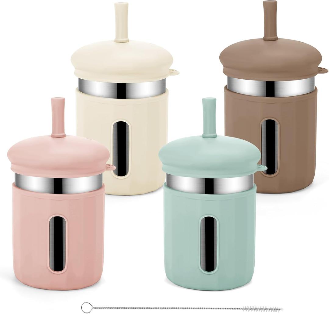 Stainless Steel Kids Cups, 12.51 oz Toddler Tumbler with Straws and Lids, Spill-Proof Baby Smoothie Cups with Silicone Sleeve, Versatile 2-in-1 Drinking Snack Cups for Kids