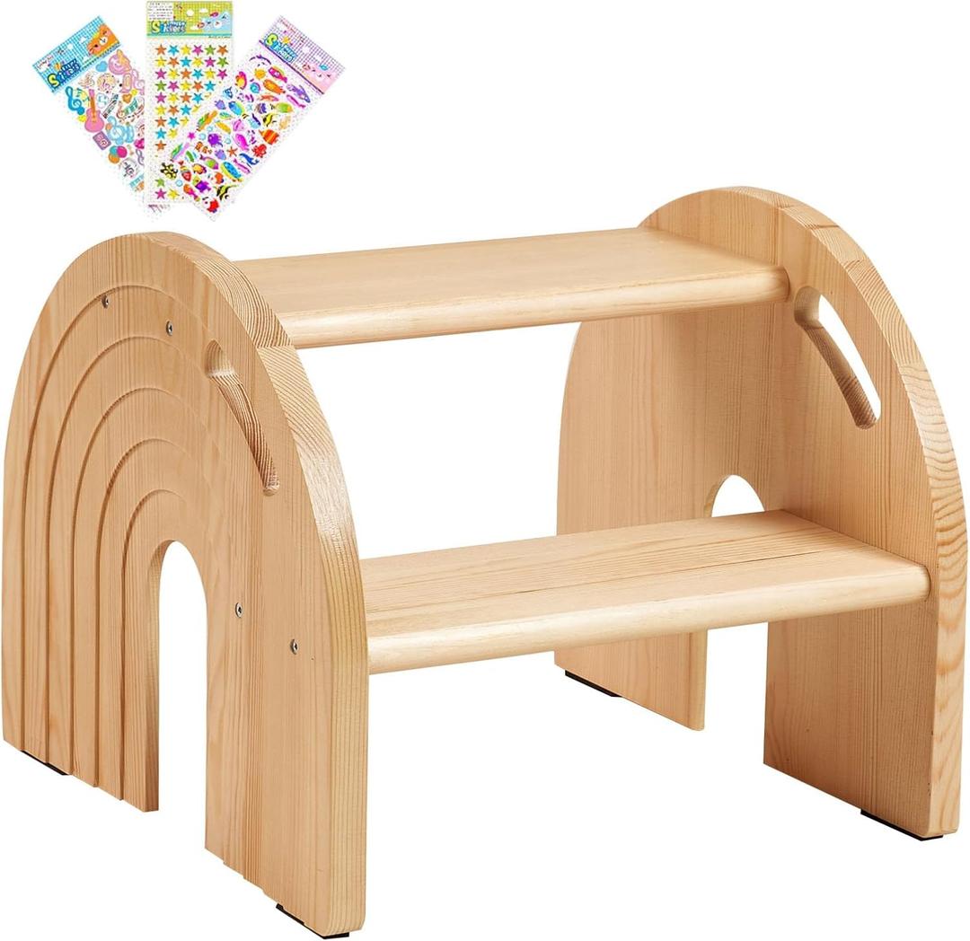 Rainbow Wooden Toddler Step Stool for Kids, Two-Step Stool for Bathroom Sink and Potty Training, Child Stepping Stool for Kitchen with Safety Non-Slip Pad, Handle and Auto Light (Log)