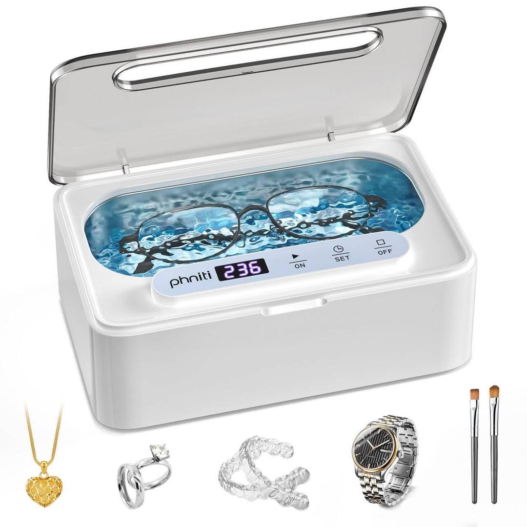 Phniti Ultrasonic Jewelry Cleaner, 47kHz Professional Ultrasonic Retainer Cleaner Machine for Dental Cleaning Three Cleaning Modes, Mouth Guard, Watch, Ring, Diamond, White (330ML)