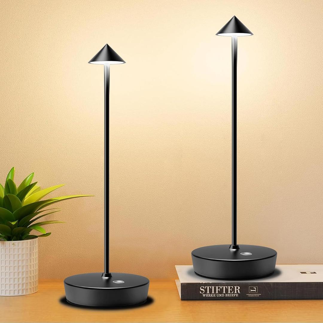 Set of 2 Rechargeable Cordless Table Lamp,6000mAh LED Battery Operated Desk Lamp Touch 3 Color Dimming Portable Outdoor Waterproof Table Light for Patio/Restaurant/Dining/Home (Black)