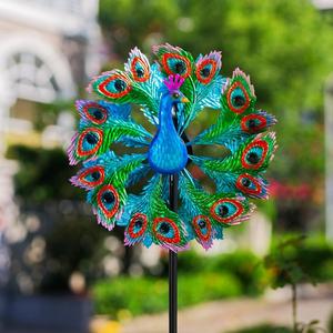 Wind Spinners Outdoor Peacock, 63 Inch Double-Sided Garden Windmill for Yard with 8 Blue Feather Blades, Large Metal Garden Wind Spinner