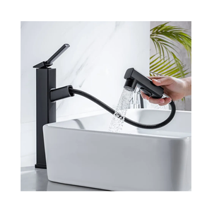 HANLIAN Single Handle Pull Out Bathroom Vessel Sink Faucet with Rotating Spout, Modern Single Hole Tall Bathroom Faucet with Pull Down Sprayer, One Hole High Bathroom Sink Faucet Black with 3 Modes