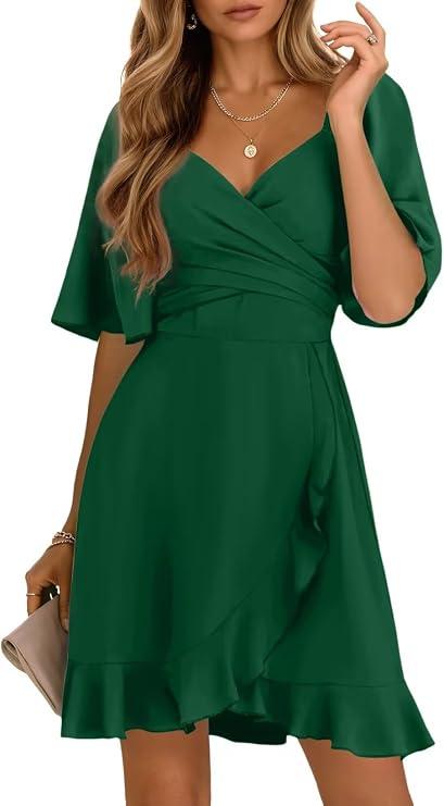 Dokotoo Women's Wrap V Neck Short Flared Sleeve Wedding Guest Dress Smocked Elastic Waist Tiered Belted Ruffle Hem Mini Dress, L