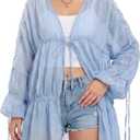 Womens Swimsuit Coverup Flowy Ruched Bell Sleeve Beach Cover Up Tops Summer Casual Long Chiffon Front Tie Cardigan Small