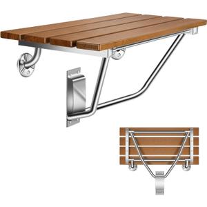 28" Wall Mounted Folding Shower Seat with Stainless Steel Bracket, Structural Stability, 500 lb Capacity, Space-Saving, Teak Shower Bench for Elderly, Disabled, Pregnant Women, Kids