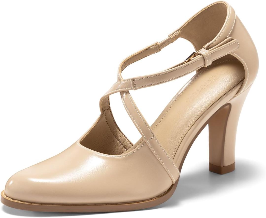 Coutgo Women's Pointed Toe Chunky High Heel Pumps (6.5, Nude)