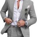 Linen Men Suit Set Casual Tuxedo 2 Piece Regular Fit Blazer One Button Solid Jacket and Pants for Prom Wedding Party (Gray, L)