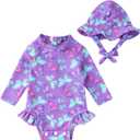 Infant Baby Girl Swimsuit One-Piece Long Sleeve Rash Guard with Hat Set Floral Zipper Bathing Suit Leopard Beach Wear(0-3M,Purple#Butterfly)