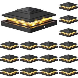 APONUO Solar Post Cap Lights 16-Pack, Black IP64 Waterproof 16 LED Fence Post Solar Lights for 4x4 5x5 6x6 Wood/Vinyl Posts, 2-Mode Deck Post Lights Solar Powered, 10-Hr Lighting for Patio Yard Porch