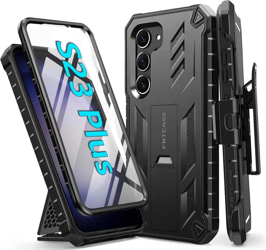 FNTCASE for Samsung Galaxy S23-Plus Case: Heavy Duty Rugged Shockproof Protective Cover with Belt-Clip Holster & Kickstand | Military Grade Protection Phone Case for Galaxy S23 Plus Black
