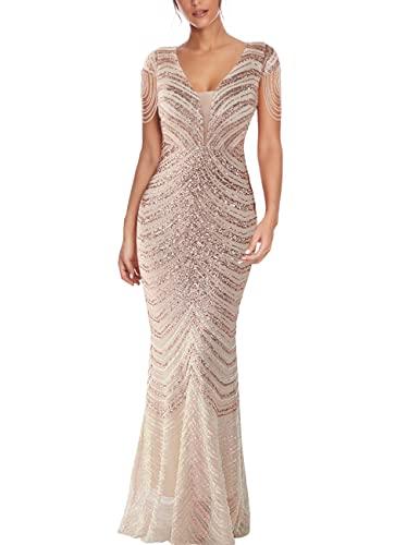 Women 1920s Plus Size Formal Dress Tassels Sleeve Sequins Gatsby Maxi Evening Gown(Champagne,L)