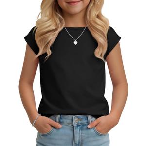 Oakgarden Girls Boat Neck Cap Sleeve Tops | Dressy Shirts, Short Sleeve Tees, Loose Fit Summer Casual T-shirts, Back to School Clothes 5-14 Years, Solid Color Outfits (Black)