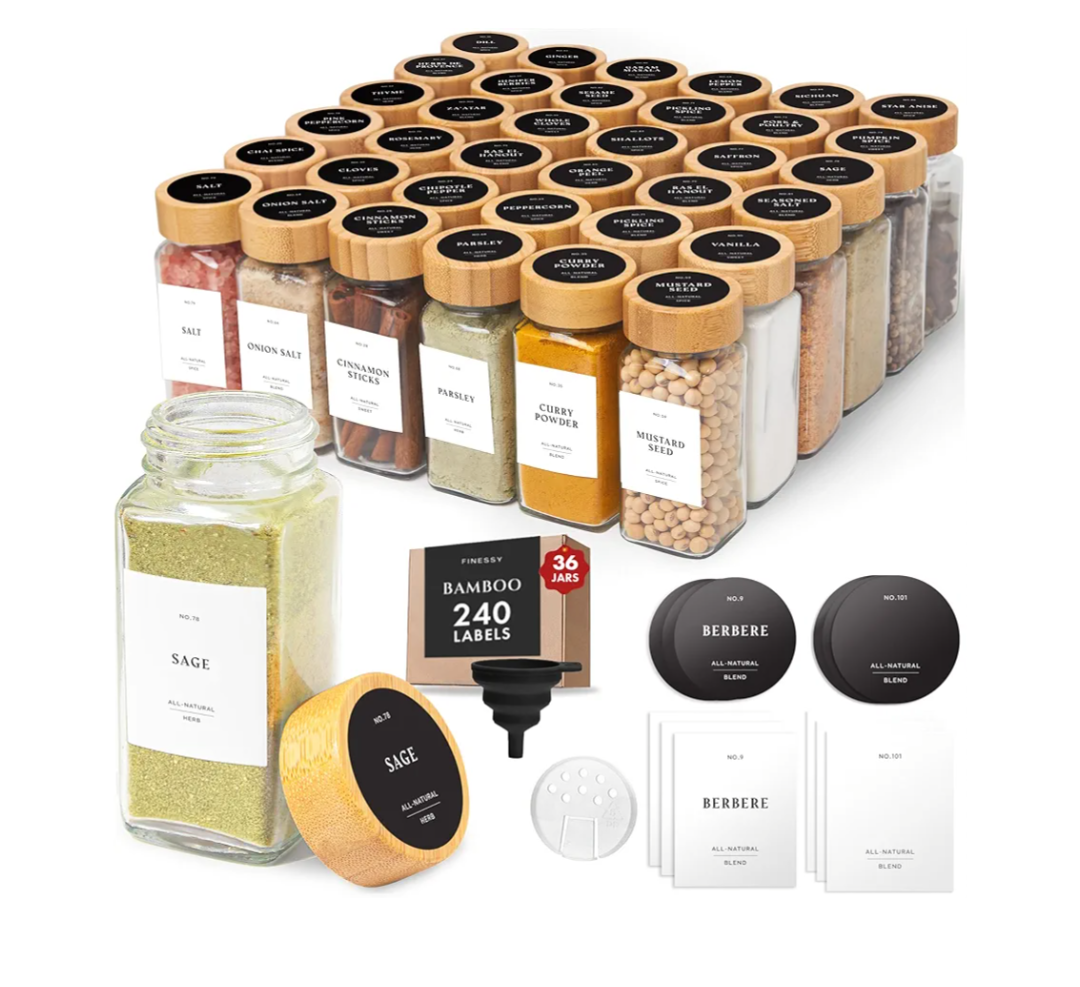 FINESSY Glass Spice Jars with Label with Bamboo Lids 36 Pack Set, 4oz Empty Clear Glass Spice Bottles with Shaker Lids, Airtight Kitchen Seasoning Organizer Jars, Herb Seasoning Containers with Labels