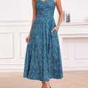 Annebouti Women 2026 Summer Spring Ruched Maxi Dress Adjustable Spaghetti Strap Floral Beach Long Sundress with Pockets (Teal, L)