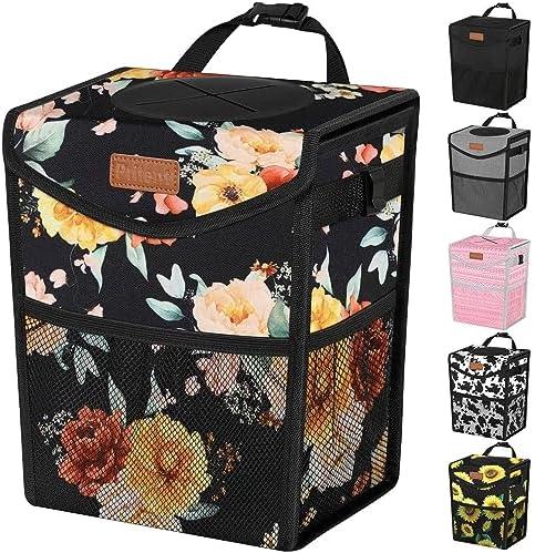 Pritent Car Trash Can with Lid, Cute Leakproof Car Trash Garbage Bag Hanging Vehicle Trash Bin Small Portable Automotive Garbage Cans Organizer for Back/Front Seat/Console(2.8 Gallons,Rose)
