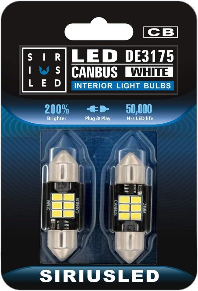 SIRIUSLED Super Bright 3020 Chipset Canbus Error Free LED Festoon Bulbs for Car Interior Lights License Plate Dome 1.25 31MM Festoon 3175 DE3175 6000K White Pack of 2