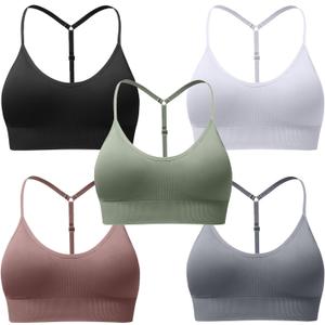 Women's Sports Bras Adjustable Y Back Spaghetti Strap Racerback Padded Wireless Yoga Workout Tops (Medium, Black White Grey Green Brown 5 Pack)