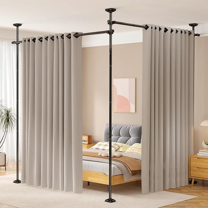 Room Divider No Drilling Curtain Rod Wall Divider for Room Separation, 410ft(H) 28114inch(W) Adjustable, Heavy Duty Partition Space Separator Freestanding Tension Curtain Stand, Black