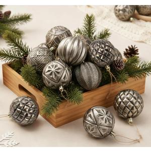 12 Pcs Vintage Neutral Textured Christmas Ball Ornaments 3.15 Inch Large Earth Tone Rustic Brown Bulb Ornaments Antique Shatterproof Distressed Farmhouse Modern Christmas Decor for Xmas Tree