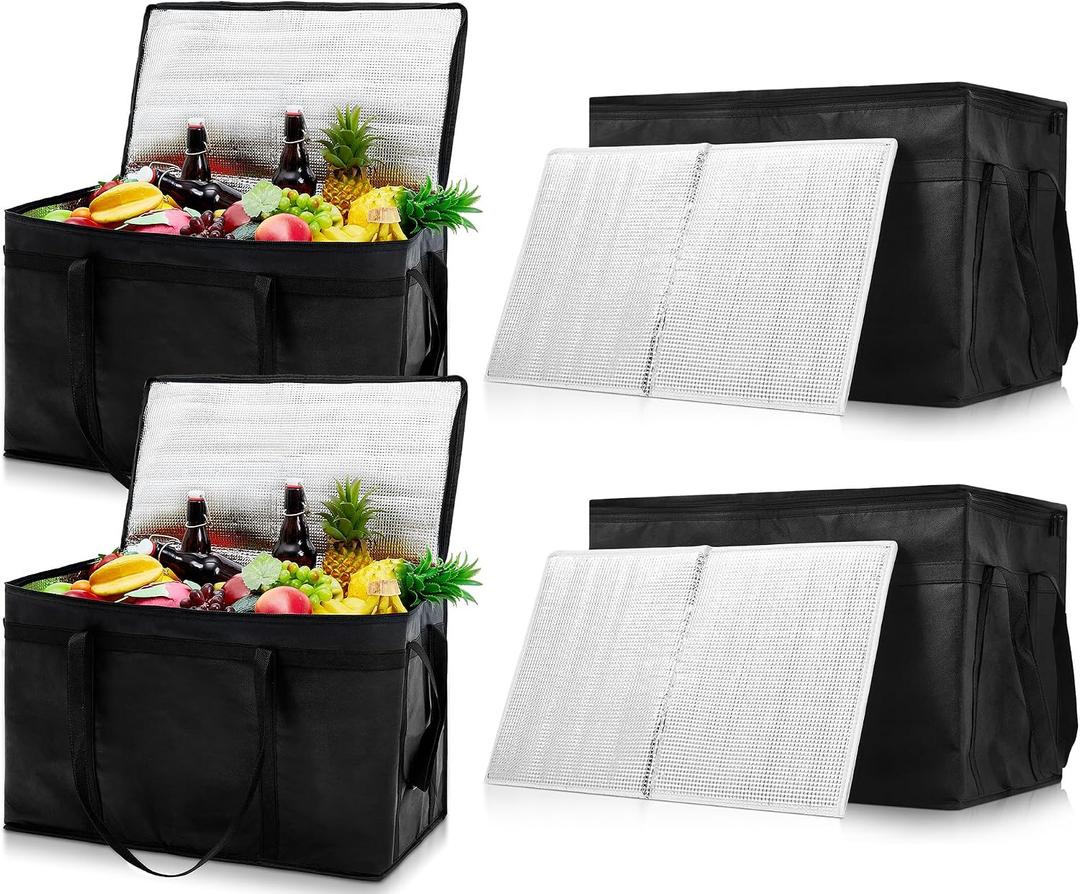 Maxcheck 4 Pcs XXXL Insulated Food Delivery Bags with Removable Hard Bottom Foldable and Reusable Grocery Tote Bag for Cold/Hot Food Commercial Pizza Catering Bag for Shopping Travel, 23 x 14 x 15 inches