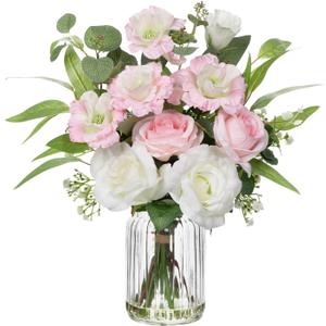 Hollyone Fake Flowers in Vase with Faux Water Artificial Silk Rose Flowers Arrangement with Eucalyptus Plants with Vase Faux Silk Rose Flowers Bouquets Table Centerpieces Office Bathroom Home Decor (Style 1)
