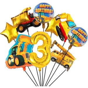 9 Pcs Construction Party Decorations Construction Birthday Party Supplies Large Gold Excavator Crane Truck Tractor Themed Balloons 3rd Birthday Decorations for Boys