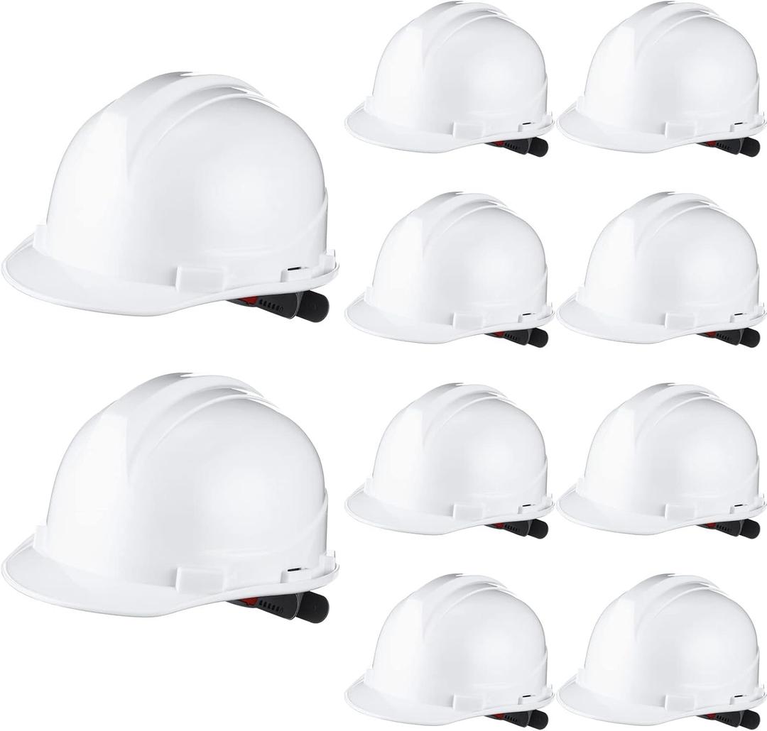 Leumoi 10 Pcs Suspension Hard Hat, Construction Hard Hat for Safety, Ratchet Cap Style with Self Adjusting Crown Straps for Man Woman (White)