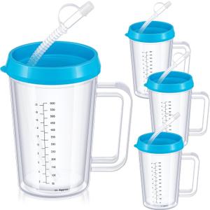 4 Pcs 20 oz Hospital Water Cup with Straw and Lid Insulated Double Walled Water Bottle Hospital Carafe Mug with Handle Graduated Plastic Elderly Drinking Cup with Straw(Blue)
