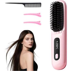Go Brush Pro 2025 New Cordless Hair Straightener Brush - 199 Million Negative Ions, Compact & Travel-Friendly with LED Display, 4000mAh Rechargeable, Anti-Scald Mini Hot Comb for Women (Pink)