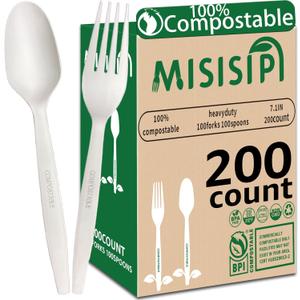 MISISIPI [7In 200Pcs] 100% Compostable Forks and Spoons Utensils Cutlery Silverware Heavyduty Eco-friendly Disposable Plastic free Forks and Spoons Utensils Cutlery Silverware for Party BBQ Lounge