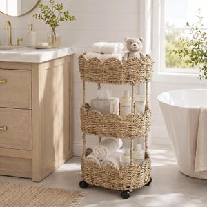 AceOrbit 3-Tier Scalloped Seagrass Wicker Rolling Storage Cart | Freestanding Rattan Rolling Basket Cart, Farmhouse Storage Shelf for Bedroom Bathroom Laundry Livingroom Home Decor
