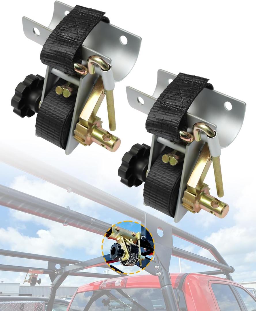 Truck Rack Straps, W/J-Hook (2PCS), 2" Silver Round Tube Mount, 1.5" Wide x 7.5' Long, Black Ladder Rack Ratchet Straps, 500 lbs Load Heavy Duty, Lumber Rack Ratchet Straps, Pipe/Roof Rack Straps