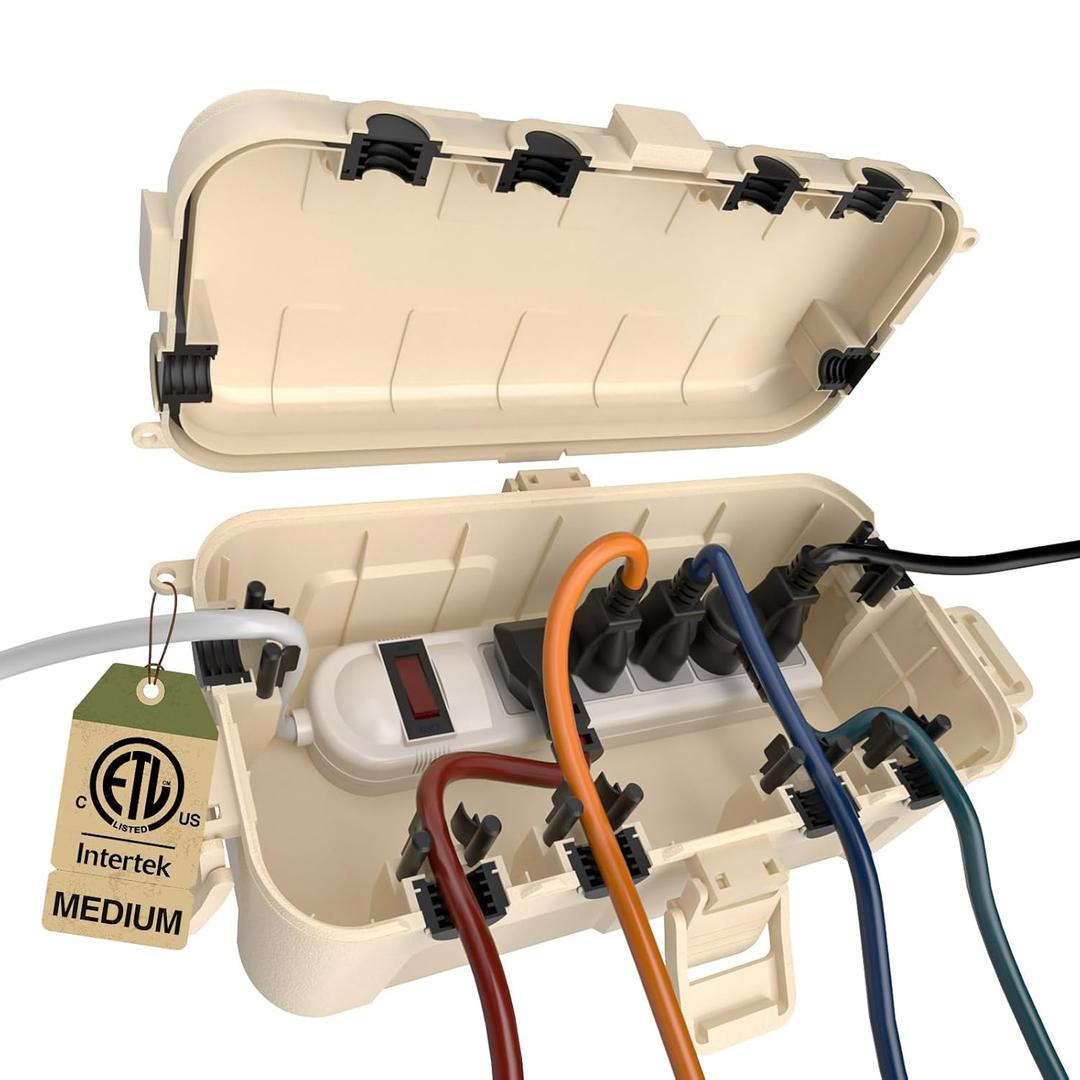 Flemoon Medium Outdoor Electrical Box (11.5x5.2x4 inch), IP54 Waterproof Extension Cord Cover w/6 Cable Entry Ports, Weatherproof Connection Box for Power Strip, Timer, Holiday Lights, Almond