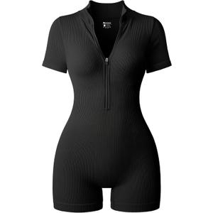 OQQ Women Rompers Ribbed Short Sleeve Zip Front Stretch Tummy Control Yoga Workout Rompers (Medium, Black)