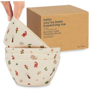 Nook Theory 4 Pack Bamboo Bowls - 22 Oz Reusable Bowl, Dishwasher Safe - Not Microwavable Bamboo Dishes (Dino)