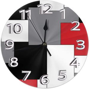 Geometric Decorative Wall Clock with Roman Numeral Hands White,Grey,Black and Red Irregular, Round Durable Lightweight Waterproof for Living Room Classroom Patio Bedroom, One Size