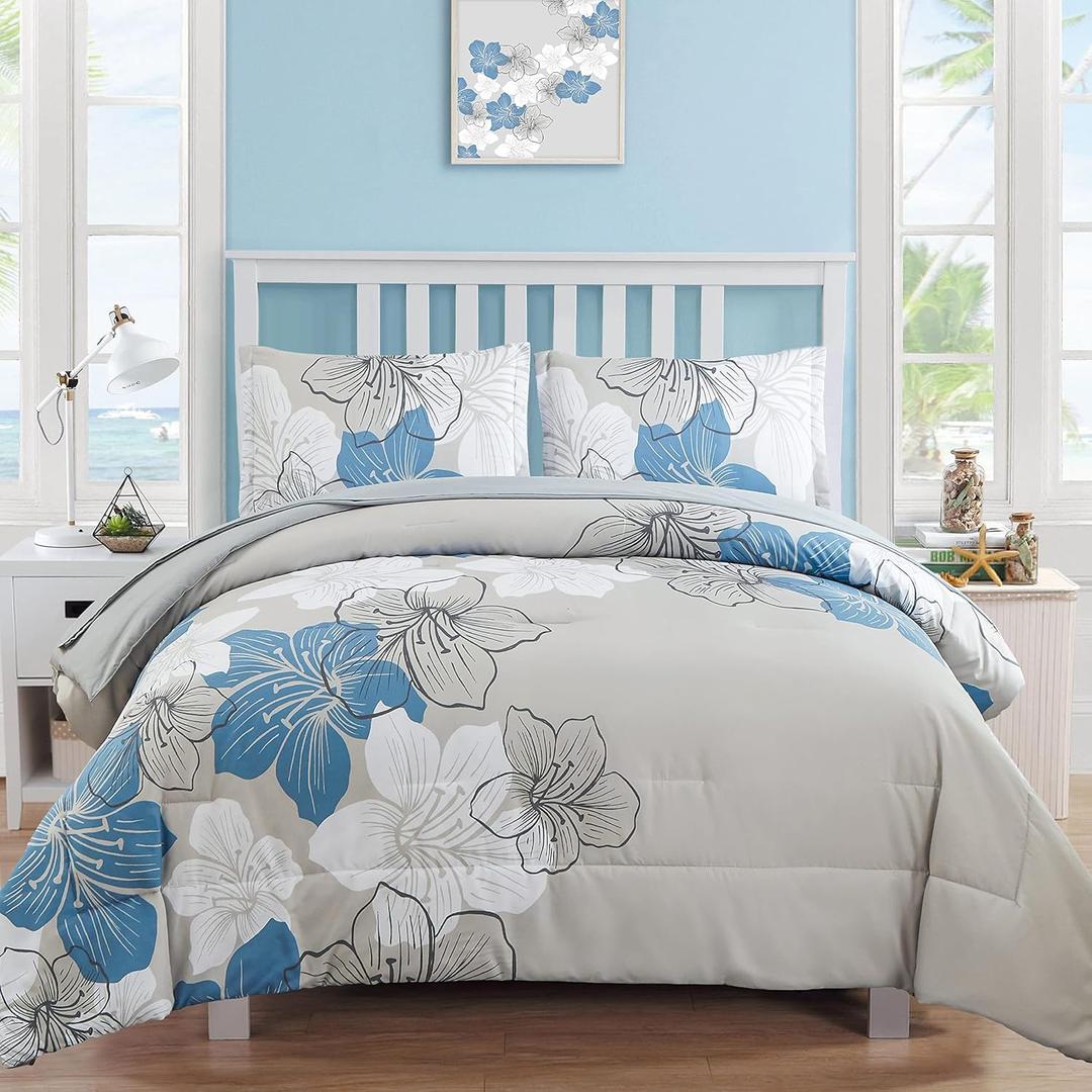 Luxudecor Floral California King Size Comforter Set, 7 Pieces Blue Floral Bed in a Bag Comforter and Sheet Set, Soft Microfiber Cal King Complete Bedding Sets for All Seasons 104"96"