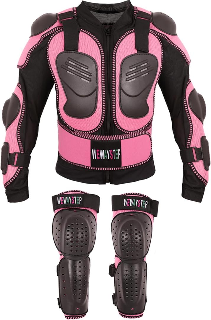 Kids Motorcycle Jacket Dirt Bike Gear,Motocross Spine Chest Protector Armor Suit with Knee Shin Guards (X-Small, Pink)