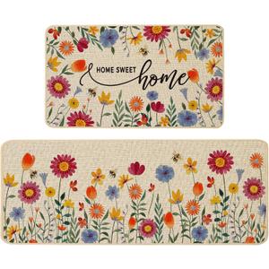 Baccessor Summer Floral Kitchen Mats Set of 2, Flowers Home Sweet Home Kitchen Rugs for Floor Non Slip Low-Profile Seasonal Home Decor 17x29 and 17x47 Inch