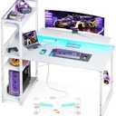 ODK Reversible Gaming Desk with USB Charging Port and LED Lights, 40" Computer Desk with Storage Shelves & Monitor Stand, Writing Study Table for Home Office, Small Space Bedroom, White
