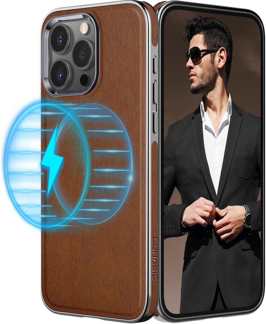 LOHASIC for iPhone 15 Pro Case Leather  Soft Luxury Magnetic Cover Compatible with MagSafe Accessories, Classic Minimalist Designer i Phone 15 Pro Phone Case for Business Men Women, Brown