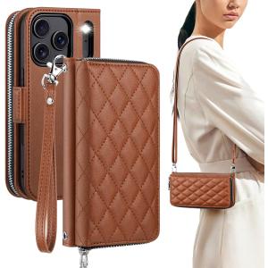 OCASE for iPhone 17 Pro Crossbody Wallet Case - Stylish PU Leather Handbag Phone Purse with Zipper Closure, Card Slots & RFID Blocking - Wrist Strap, Lanyard, Kickstand - Diamond Check Brown
