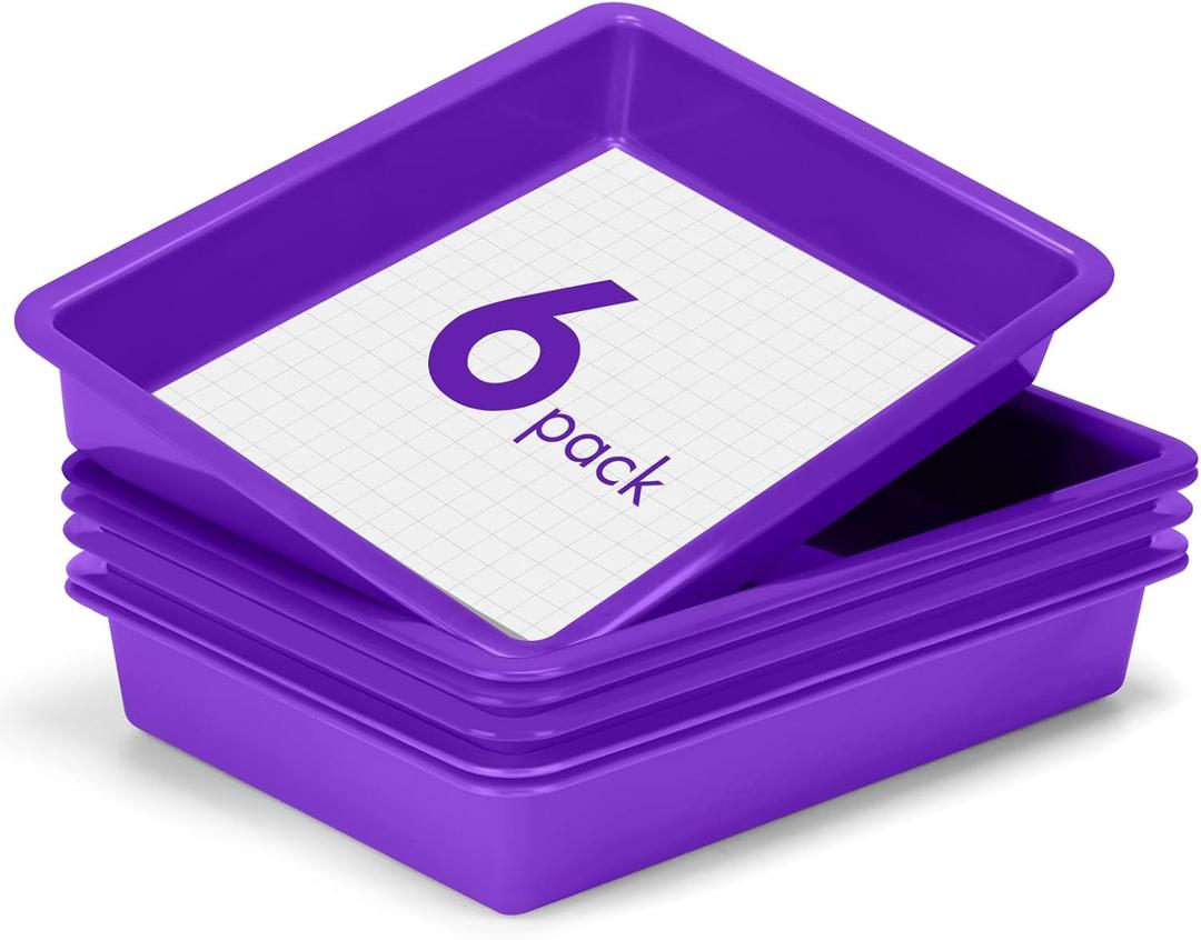 ShineMe 6 Pack Paper Trays for Classroom, Purple Plastic Book Bins with Colorful Labels, Stackable Letter Size Storage Tray, Desk Organizer Tray for Home, School and Office